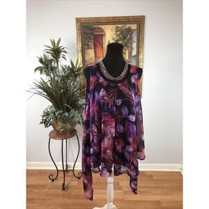 J.T.B Women Medium Purple Black Floral Asymmetrical Sleeveless Chiffon Tunic Top